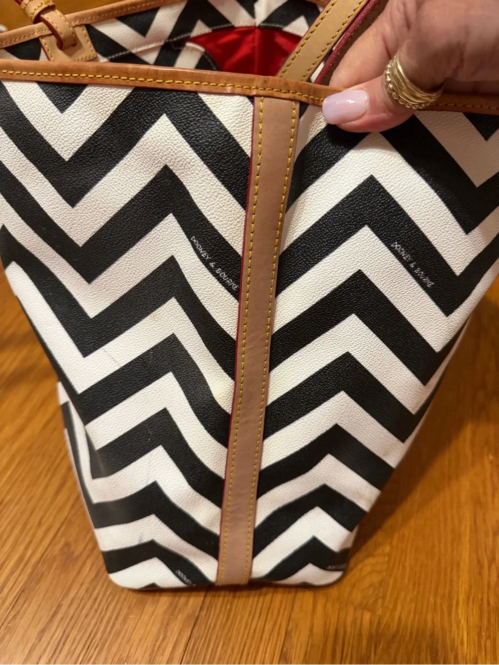 Dooney & Bourke Large Black & White Chevron Tote with Tan Trim